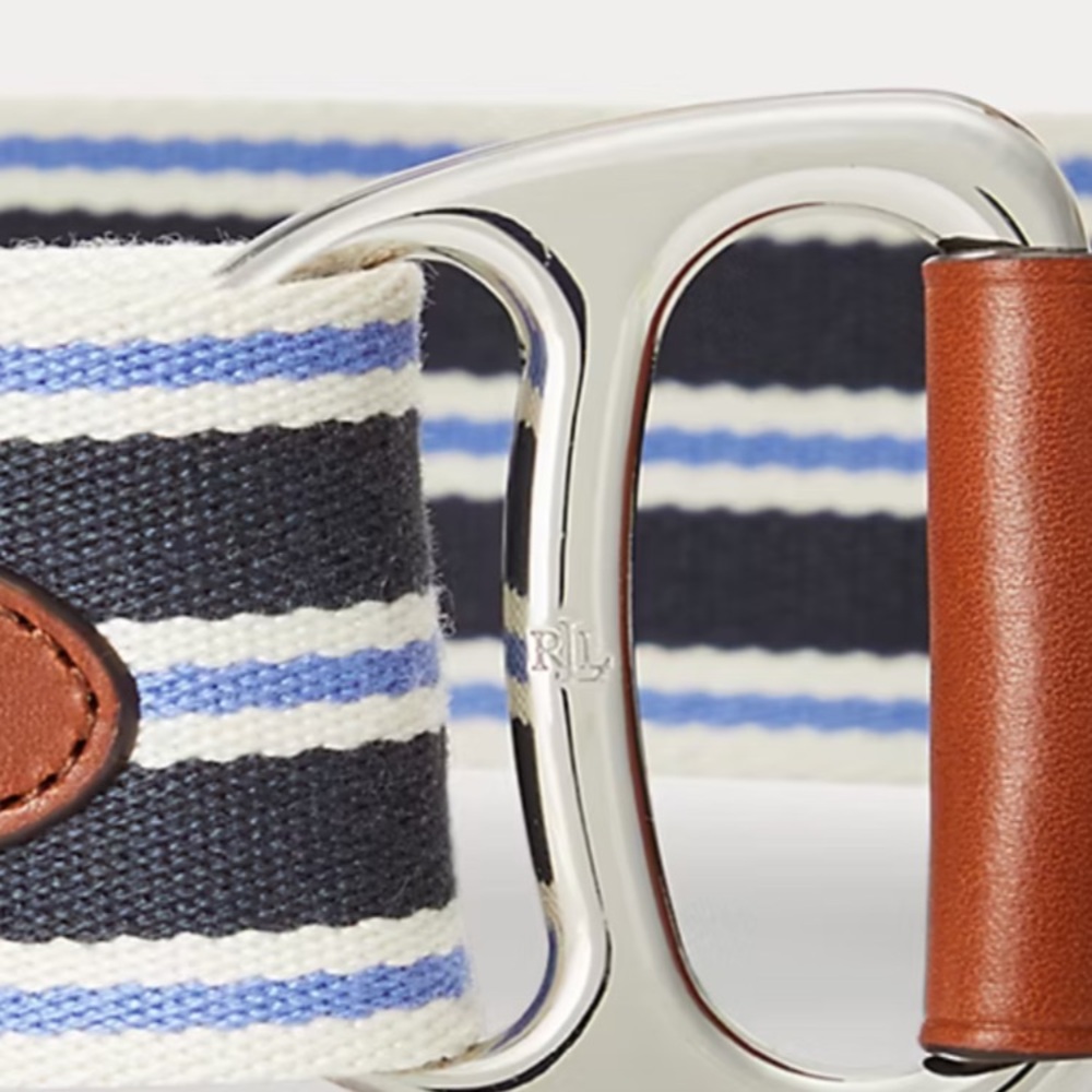 Ralph Lauren Striped Navy, Blue & White Bend-Back Belt with Brown Leather Trim - Picture 2 of 4